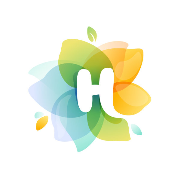 H字母标志在彩色水彩花上图片下载