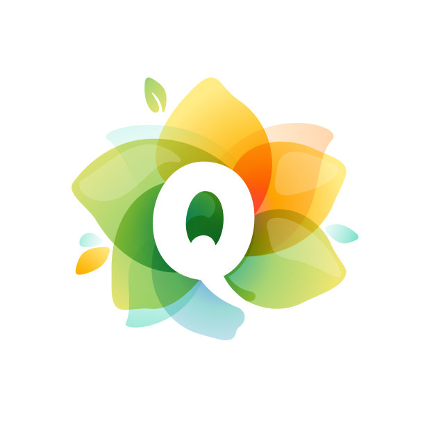 Q字标志在彩色水彩花上图片下载