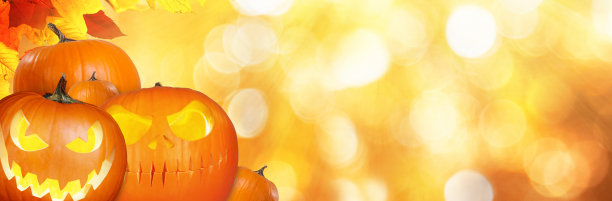 近距离观看可怕的万圣节南瓜，眼睛在里面发光图片下载