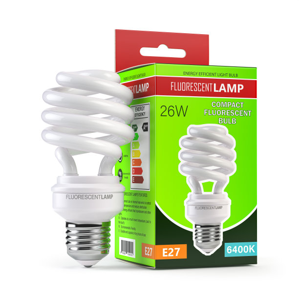 螺旋荧光灯，节能灯泡与绿色盒子隔离在白色。图片下载