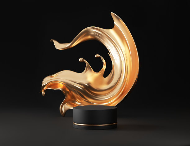 3D黑色基座基座，金色液体飞溅漩涡在黑暗的背景。奢华金流以陈列展示为主，用于美容产品、化妆品的推广。抽象3D渲染模型图片下载
