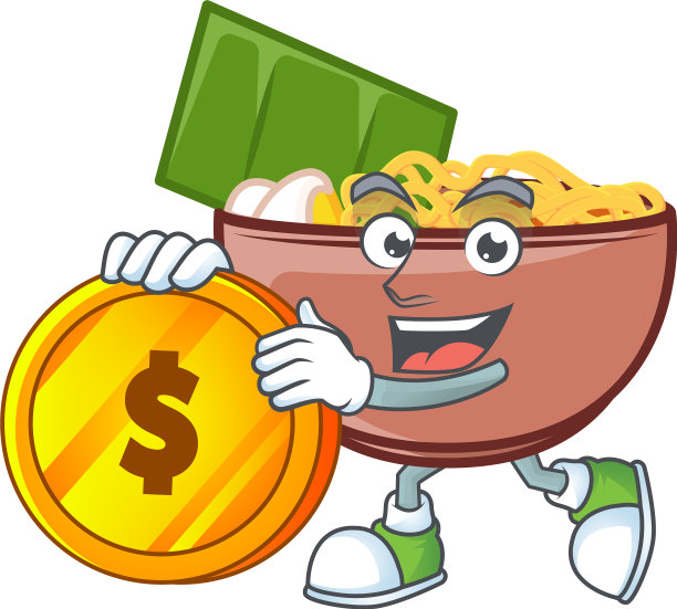 富有的碗面卡通吉祥物与金币图片下载