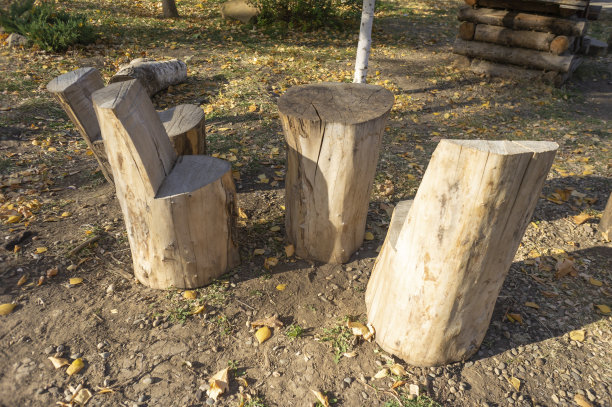 木椅和木桌由树桩制成图片下载