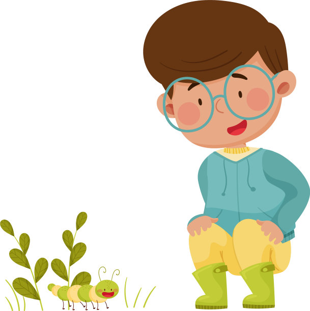 小男孩蹲下来探索蠕虫爬行图片下载