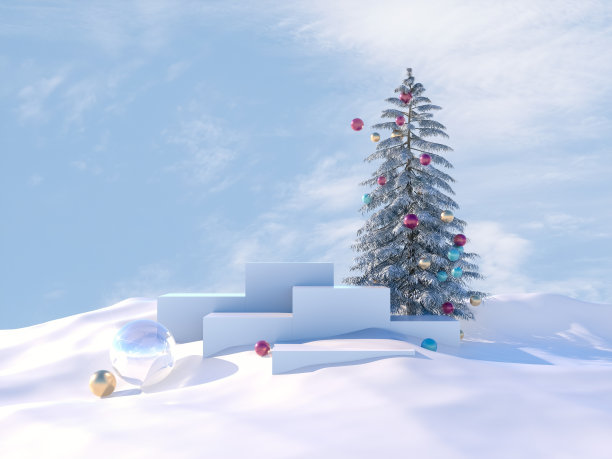 冬季圣诞场景白色讲台和圣诞树产品展示。图片下载