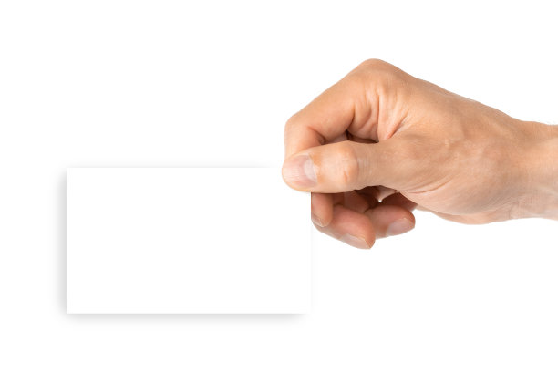 名片模型。手持空白的商务名片孤立在白色背景上。带有拷贝空间的横幅。手指指向。图片下载