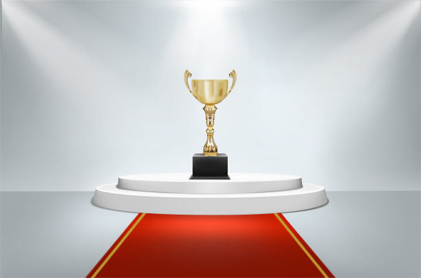 带红地毯的圆形基座上的奖杯矢量图图片下载