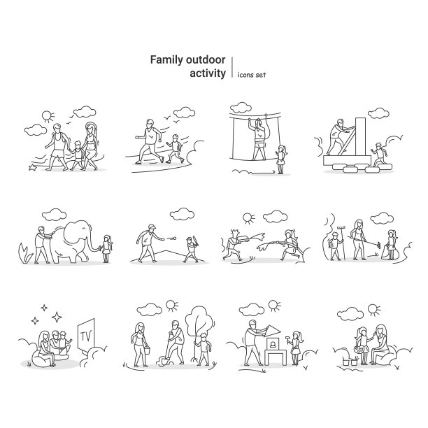 家庭户外活动矢量插图集。假期时间运动、游戏和活动创意图片下载
