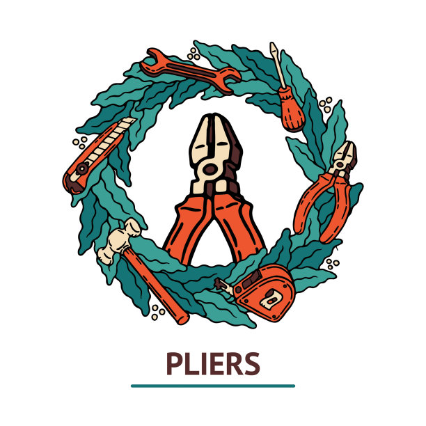 手工绘制的橙色和绿色花环与一套施工工具，螺丝刀，办公刀，扳手，锤子，卷尺和钳子。建造者和工人日设置。工作一天图片下载