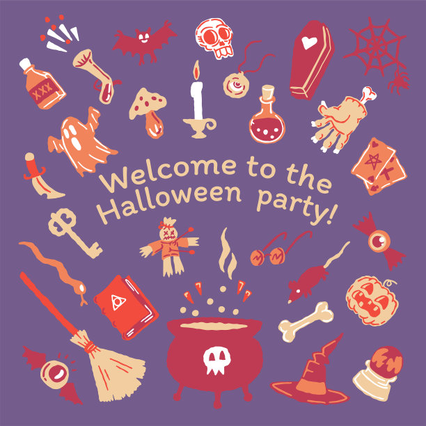 万圣节派对的魔法元素。魔术帽，蝙蝠，骷髅，蜡烛，南瓜，魔术球，扑克牌，鬼，蛇，蘑菇，毒药，刀，网，蜘蛛，眼睛，骨头，魔术书，蜡烛图片下载