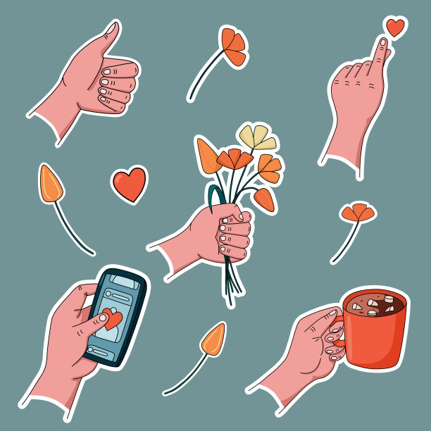 有手势的手，花，电话和杯子。插图时尚的现代贴纸。图片下载