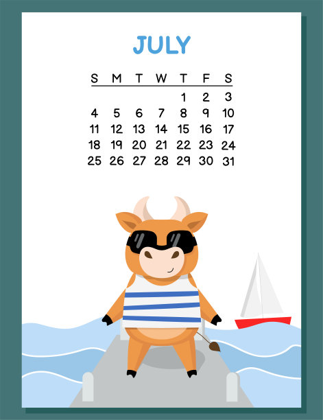2021年7月的日历。穿着水手服的快乐小公牛图片下载