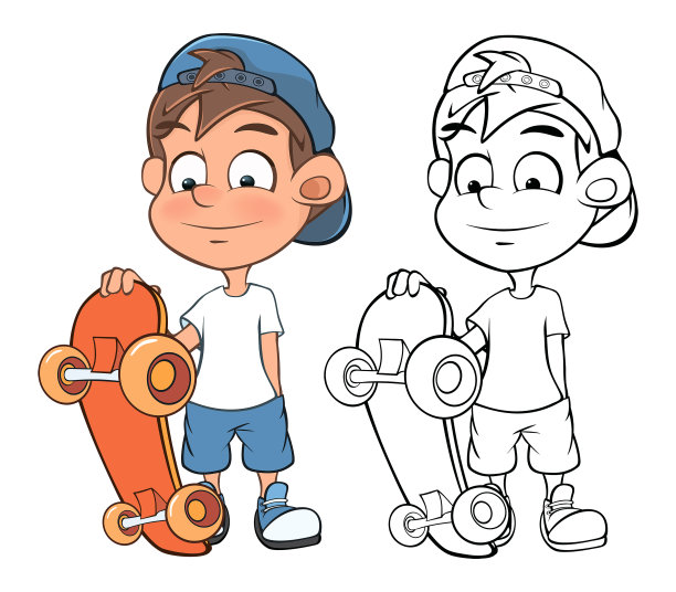 矢量插图一个可爱的卡通人物男孩滑板为您设计和电脑游戏。着色书大纲设置滑板图片下载