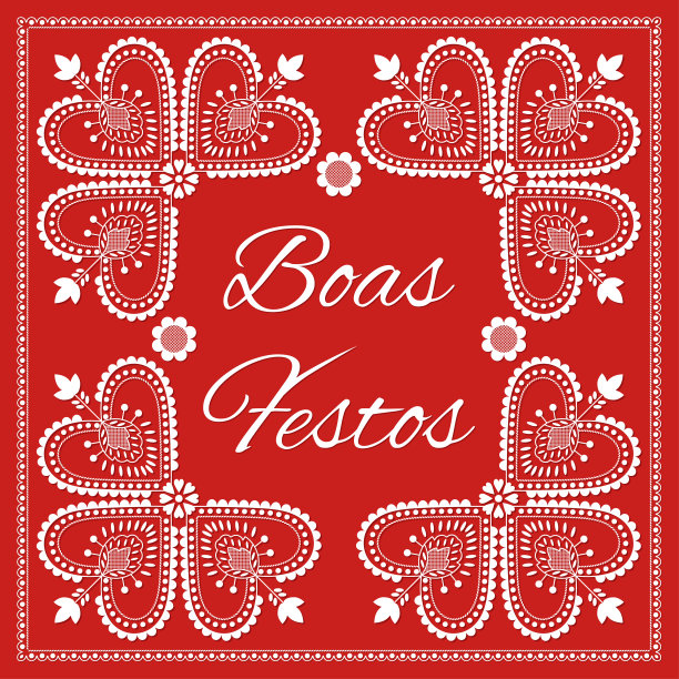 民间艺术圣诞卡矢量模板。Boas Festos -葡萄牙语节日快乐。季节红色背景与装饰。复古设计插图图片下载