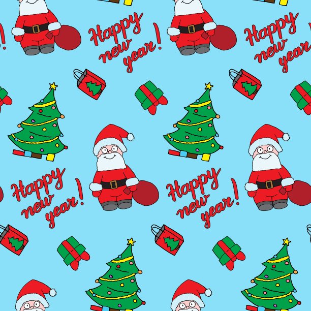 圣诞快乐和新年快乐矢量无缝模式。可爱的插图涂鸦风格。圣诞老人，槲寄生和礼物。创意印刷的衣服，网页，贺卡，礼品包装，设计图片下载