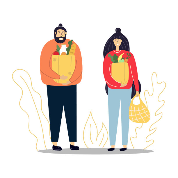 男人和女人手里拿着购物袋，购物概念。平坦的插图。图片下载