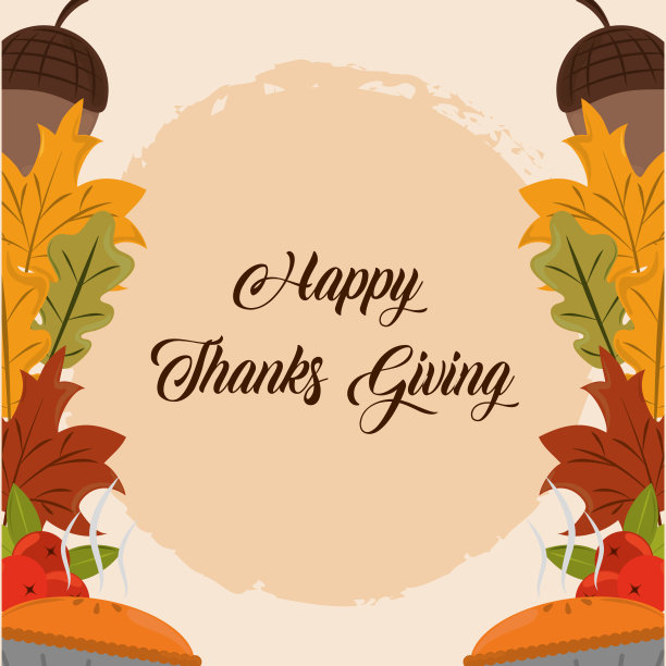 感恩节快乐，蛋糕橡子和树叶季节卡片图片下载