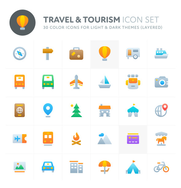 旅游和旅游矢量图标设置。filio彩色图标系列。图片下载