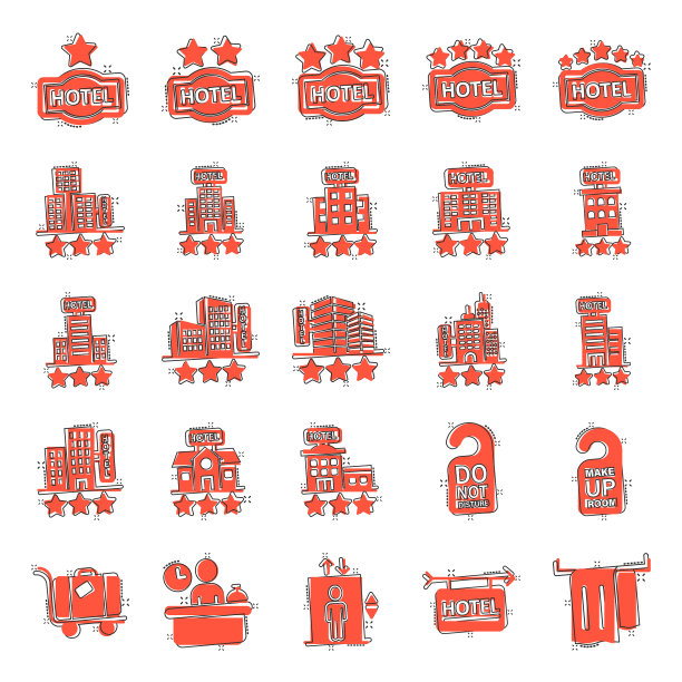 酒店图标设置在漫画风格的预订卡通上图片下载