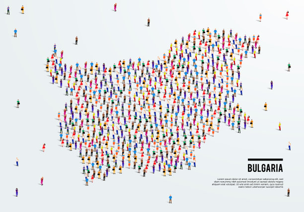 保加利亚的地图。一大群人组成一个形状的保加利亚地图。矢量插图。图片下载
