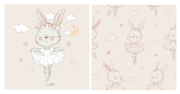无缝图案与甜芭蕾舞兔插图矢量打印设计和其他用途。可用于t恤印花、童装时尚设计、宝宝派对请帖。图片下载