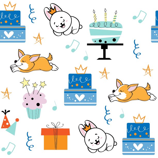 生日蛋糕和动物上的白色背景无缝图案。可爱的狗柯基和兔子矢量平面风格的插图图片下载