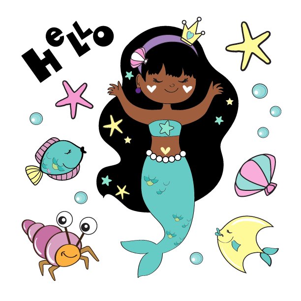 矢量股票插图与小女孩美国黑人美人鱼和鱼在白色的背景。给女孩的贺卡。夏天的概念。海洋居民庆祝生日图片下载