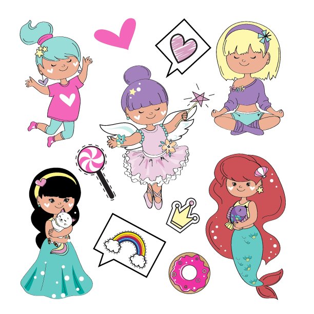 一组卡通小公主。美人鱼，仙女，做瑜伽的女孩，跳跃在一个白色的背景孤立图片下载