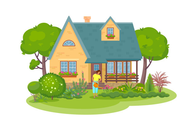 Сountryside景观与女人浇水植物。图片下载