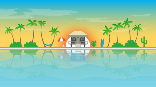 天堂岛，有平房和棕榈树，沙滩。日出，日落在海洋或海洋。矢量横幅与避暑胜地。背景说明。图片下载