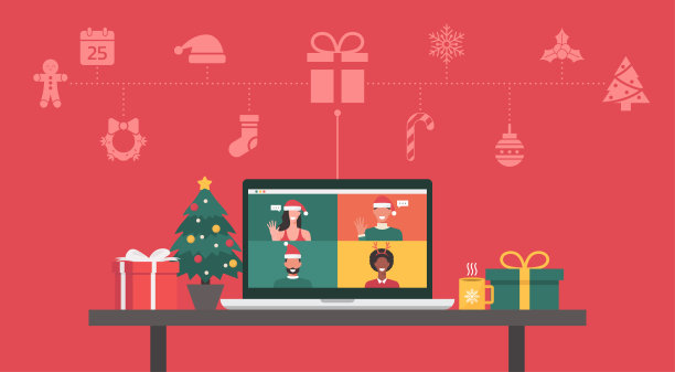 人们在带有圣诞图标的笔记本电脑上通过视频通话在线会面图片下载