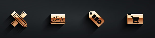 设置十字尺和铅笔，Web开发，SEO优化和网上购物屏幕图标与长影子。向量图片下载