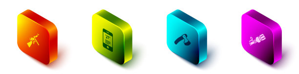 设置等距汤米枪，商店武器在手机上的应用程序，木斧和反坦克手榴弹的图标。向量图片下载