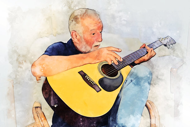 摘要师兄独自在水彩插画背景上弹原声吉他。图片下载