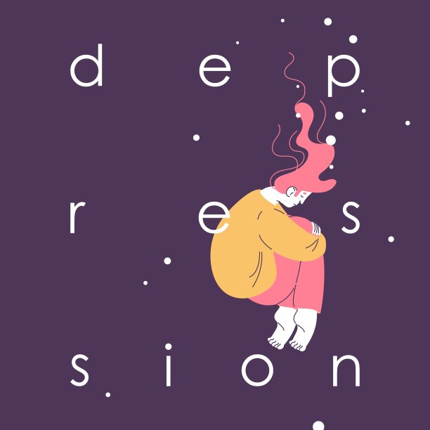 抑郁症概念插图与女人溺水入悲伤的海洋。粉红色和黄色的文字和悲剧人物的场景图片下载