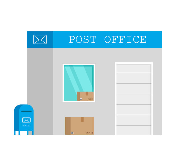邮政大楼与邮筒采用新潮扁平卡通风格。图片下载