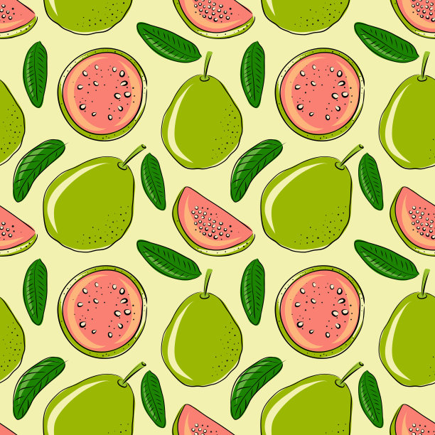 手工绘制的孤立番石榴无缝图案。雕刻的艺术。美味的热带素食物品。用于餐厅，菜单，冰沙碗，市场，商店，派对装饰，膳食。水果纺织图片下载