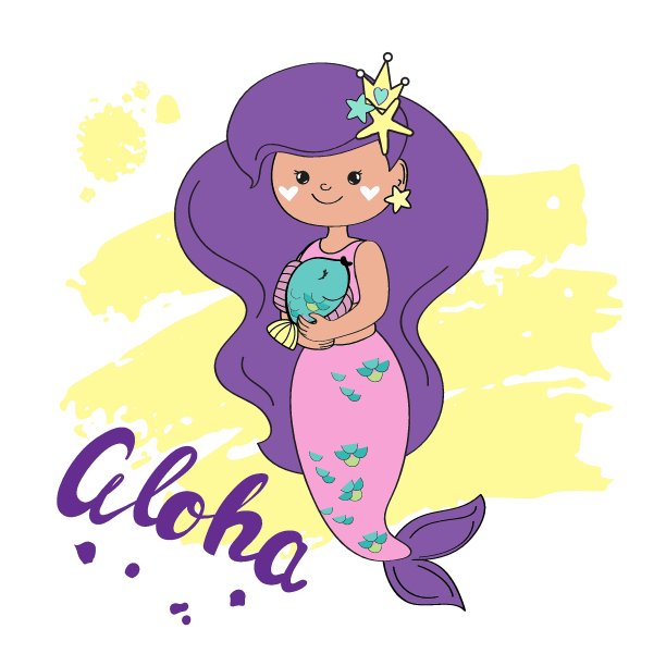 美丽的矢量插图与小美人鱼和铭文阿罗哈在一个白色的背景为孩子。女孩生日卡片图片下载
