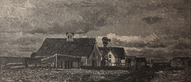 古董插图-农场上的建筑物和风车图片下载