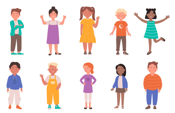 快乐多样可爱的孩子矢量插图。卡通平面儿童人物群微笑，学前班或学校。图片下载