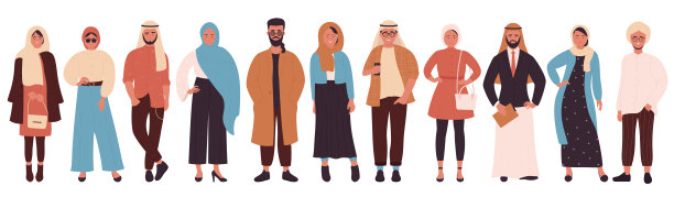 穆斯林时尚卡通套装，穆斯林男女的阿拉伯时尚现代服装风格图片下载