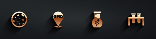 在培养皿中放置细菌、转基因生物、试管和烧瓶，并画上长阴影的图标。向量图片下载