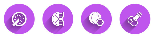 设置培养皿细菌，转基因橙色，转基因和肉类图标与长阴影。向量图片下载