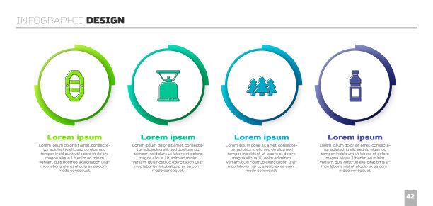 设置漂流船，露营煤气炉，森林和瓶装水。业务信息模板。向量图片下载