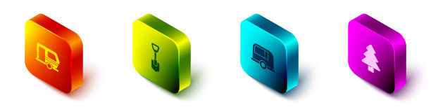 设置等距房车露营拖车，铲，森林图标。向量图片下载