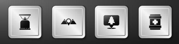 设置露营煤气炉，位置山脉，森林和急救箱的图标。银广场按钮。向量图片下载