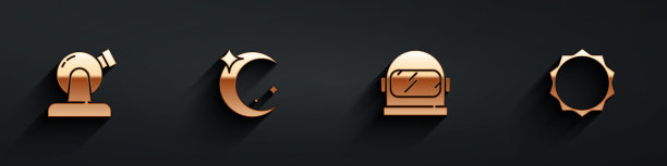 设置天文台，月亮和星星，宇航员头盔和太阳图标与长阴影。向量图片下载