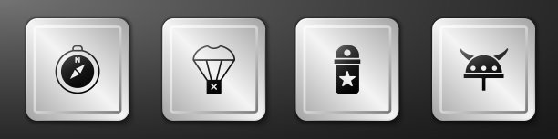 设置指南针，盒子飞行降落伞，雪佛龙和海盗角头盔图标。银广场按钮。向量图片下载