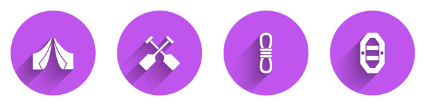 设置旅游帐篷，桨，攀登者绳索和漂流船图标与长影子。向量图片下载