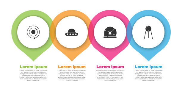 设置太阳系，UFO飞行飞船，宇航员头盔和卫星。业务信息模板。向量图片下载